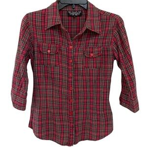 Magazine Red Plaid Button Front Collar Shirt Tab Sleeves Tie Back Sz Small
